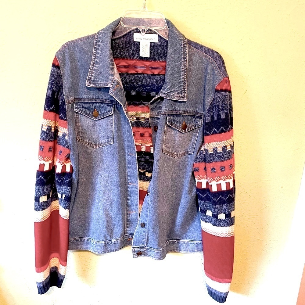 Warm Denim Scandi Minimal Boho Western Sweater Jacket XL